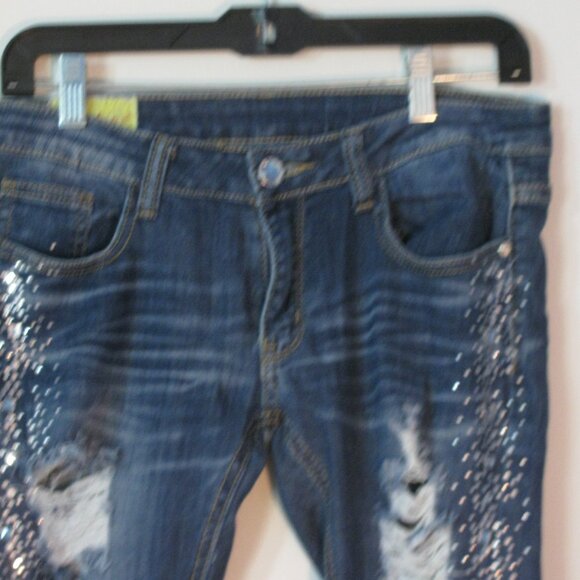 Machine Pour Neuf Mode Jeans Size 11 Juniors Tons of Bling Crystals Distressed - Picture 2 of 8